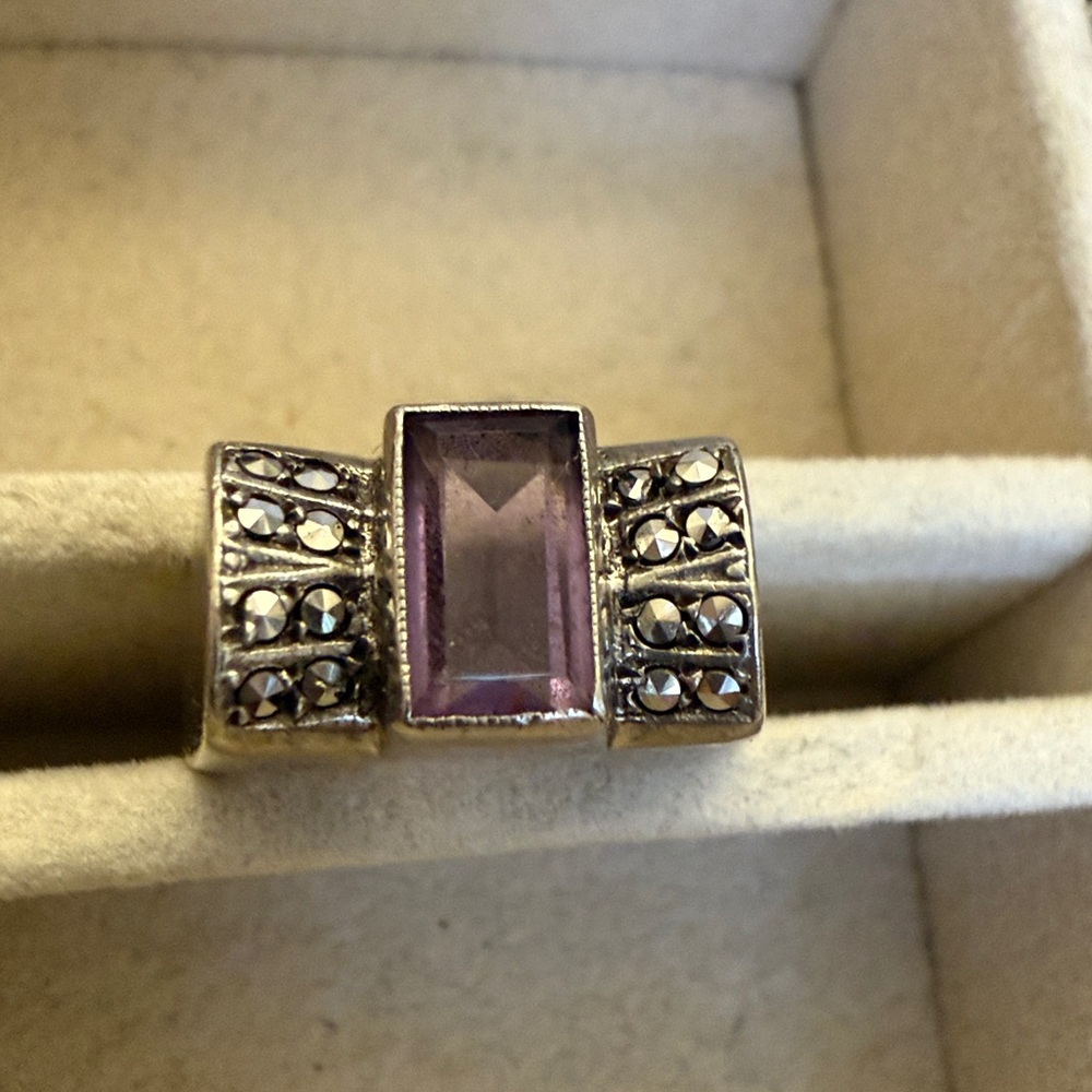 VTG Solid Sterling Silver 925 Amethyst Marcasite Bezel Set Art Deco Ring Size 8